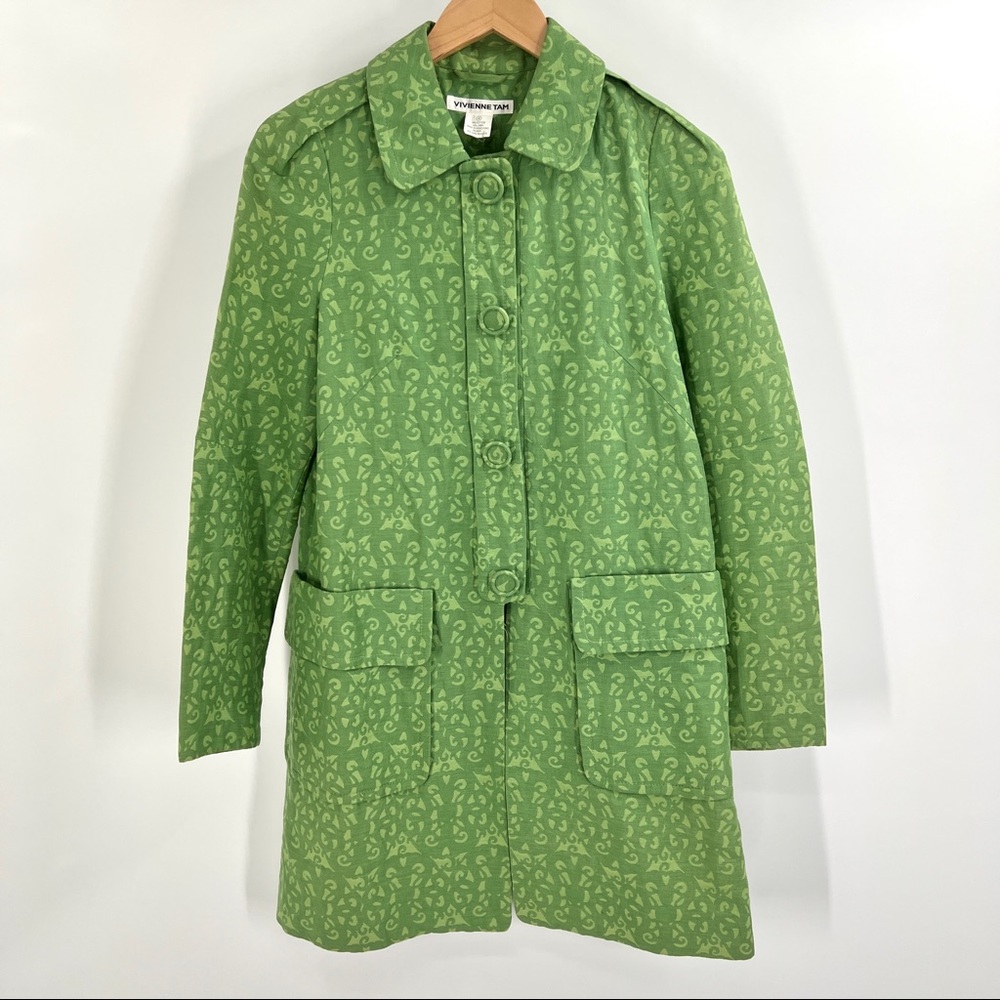 VIVIENNE TAM Green & Lime Green Button Down Long Line Trench Coat Linen Blend